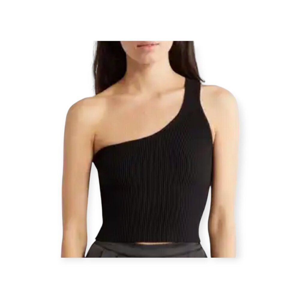 NSR Black One Shoulder Ribbed Knit Tank Stretch Minimalist NWT Size L Modern Top